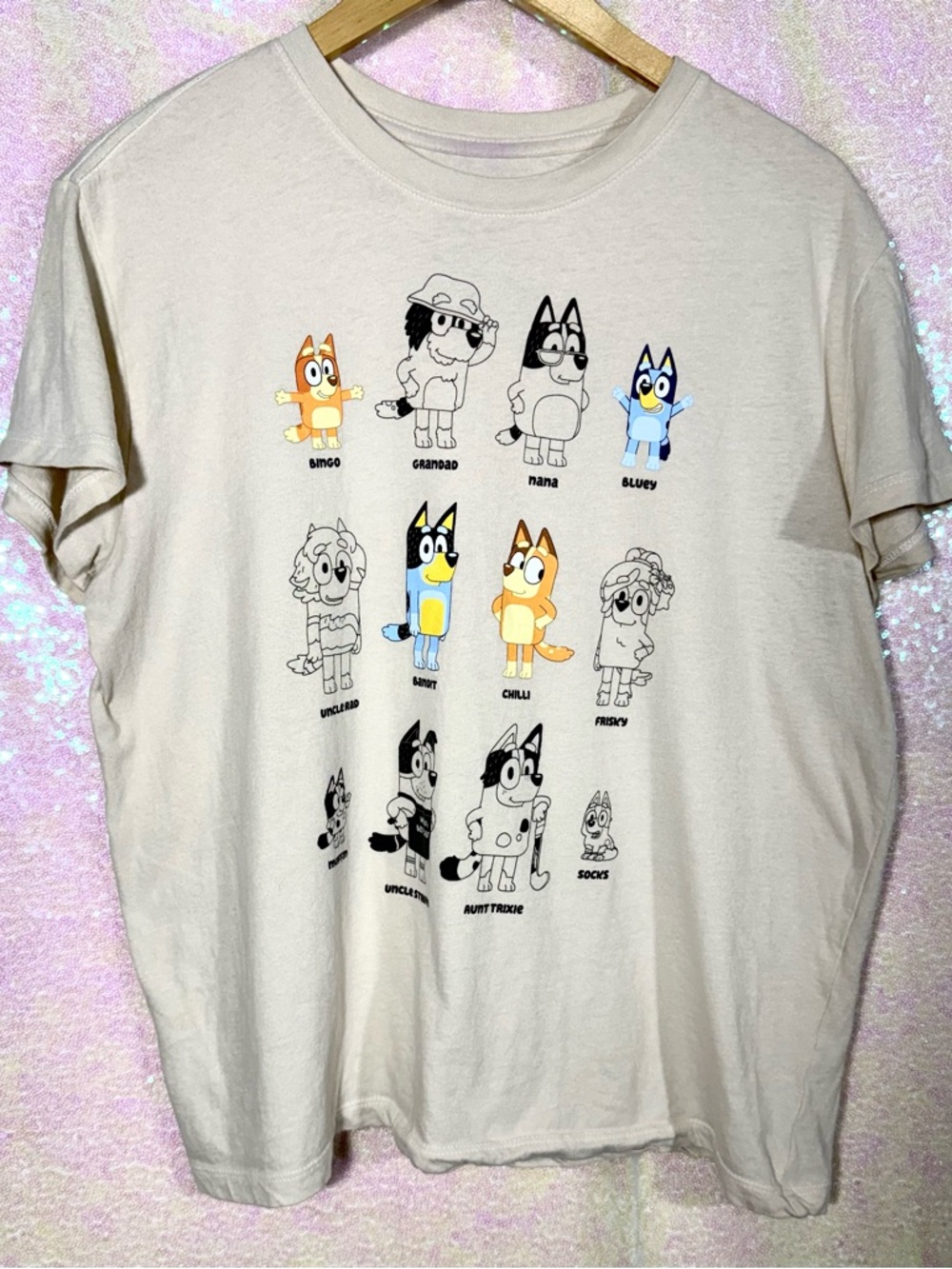 Bluey character Cream Graphic Tee with Black Logo womens size L